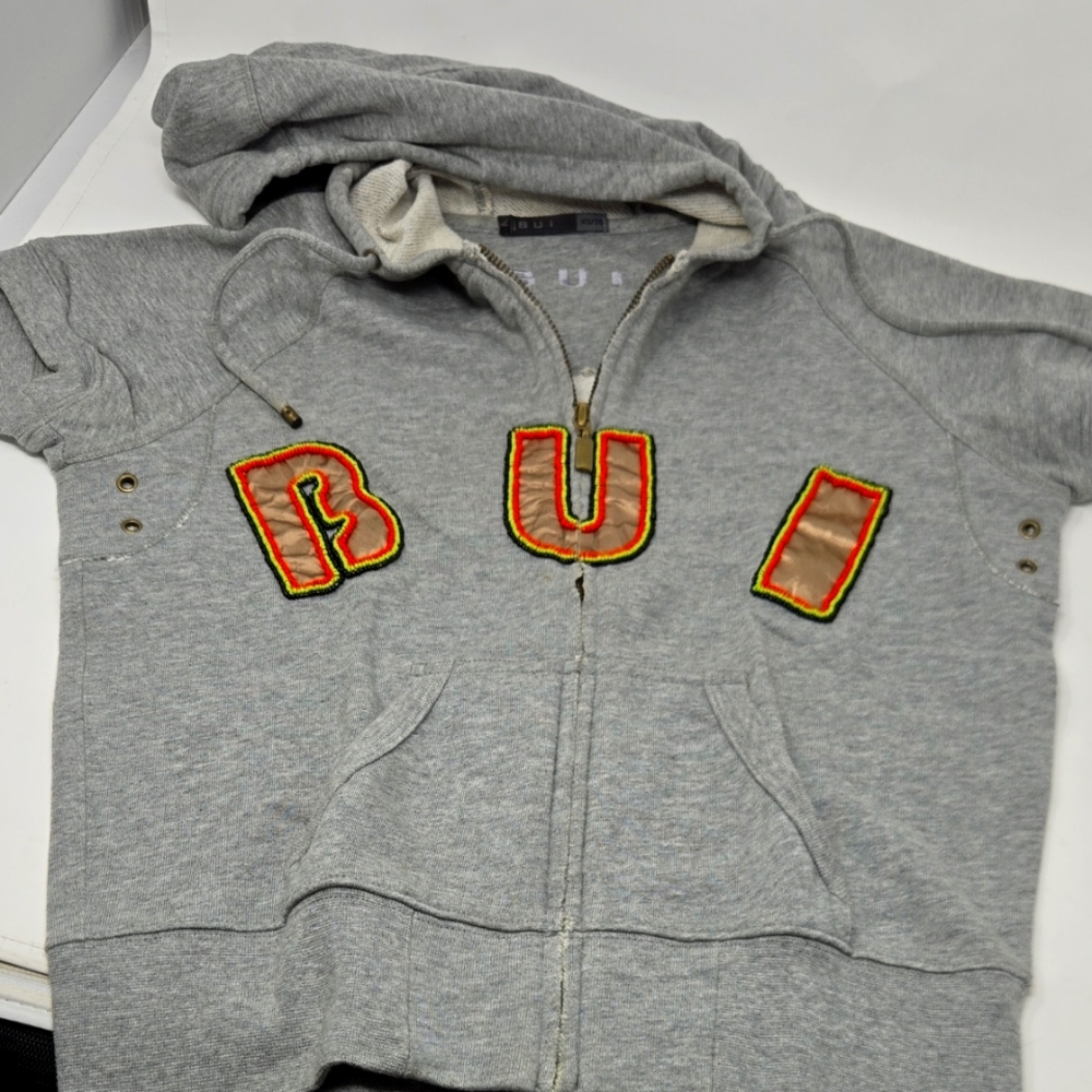B U I Gray  Hoodie with Colorful Beadef Lettering And And Back Design Beaded